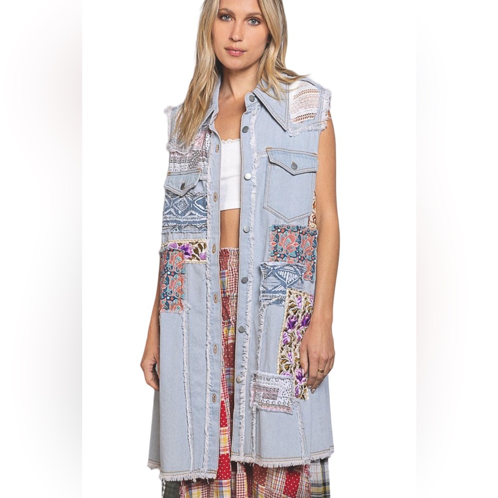 Light Wash Denim Patchwork Sleeveless Dress Vest